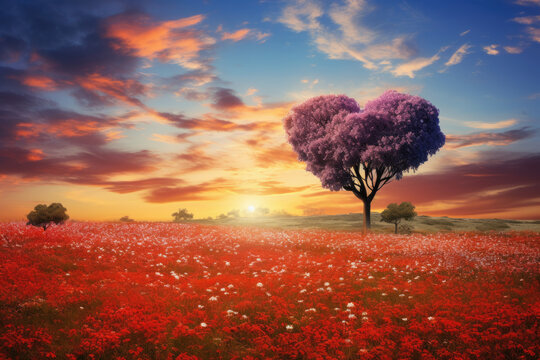 flower field with a red hearted shape tree 