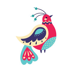 Bright Bird with Folk Ornament and Decor Vector Illustration