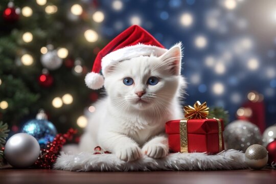 Cute White Cat with Santa Claus Hat in a Chirstmas Decor Scene