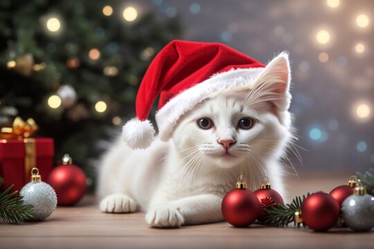 White Cat with Santa Claus Hat in a Chirstmas Decor Scene
