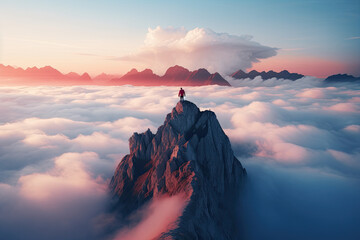 a single man stands on top of a mountain overlooking clouds - obrazy, fototapety, plakaty