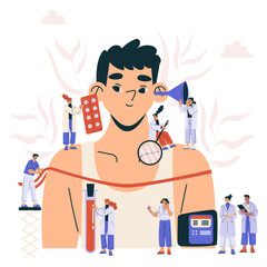 Body Health Checkup with Man and Doctors Examine Patient Vector Illustration