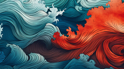 Deep Ocean Blue and Coral Abstract Pattern with Serene Wave Patterns