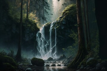 AI-generated illustration of a waterfall in the forest with grass and trees growing around
