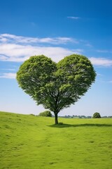 Fototapeta na wymiar An isolated tree in the meadow, its branches forming the shape of a heart