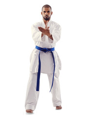 Karate, serious and black man portrait with defence, fitness and exercise training to fight. Wellness, African male person and athlete with fighter uniform isolated on transparent, png background