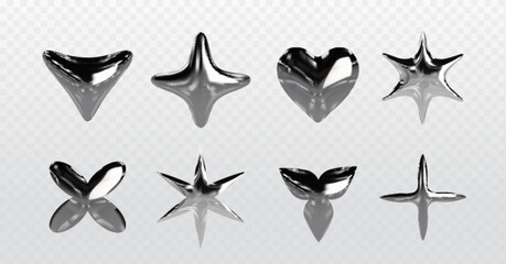 Chrome y2k abstract shapes. 3d realistic vector illustration set of silver inflatable forms of heart, star and liquid metal. Graphic design elements made of steel or platinum with reflections. - obrazy, fototapety, plakaty