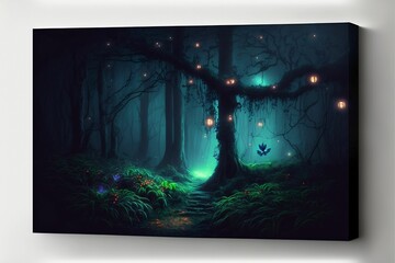 AI-generated illustration of a forest at night, with lights on the branches