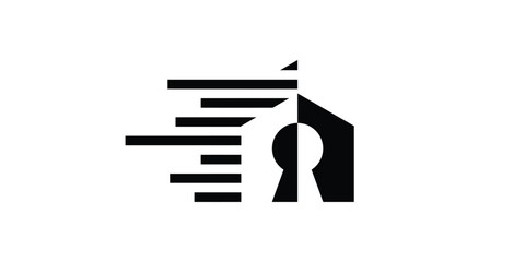 logo design combining the shape of a house with a lock or security.