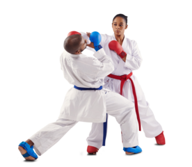 Karate punch, martial arts fight and sport with training, defence and fighter for cardio competition. Exercise, skill fitness and athlete uniform with workout isolated on transparent, png background