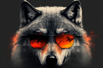 AI-generated illustration of a wolf head with sunglasses reflecting fiery sky, dark background - obrazy, fototapety, plakaty