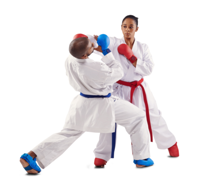 Karate punch, martial arts fight and sport with training, defence and fighter for cardio competition. Exercise, skill fitness and athlete uniform with workout isolated on transparent, png background