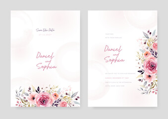 Pink and peach peony elegant wedding invitation card template with watercolor floral and leaves