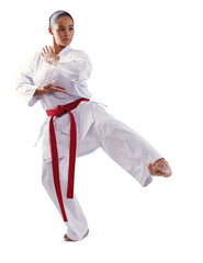 Woman, karate and kick for martial arts training, fight and uniform and isolated on transparent png background. Professional, exercise and strong for sports, technique and defense female athlete © Shubham/peopleimages.com