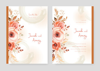 Peach peony artistic wedding invitation card template set with flower decorations