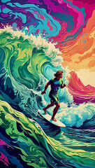 An illustration of a surfer riding a wave in psychedelic poster style. AI generated