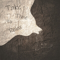 Obraz premium Young girl sitting in yoga lotus pose. Happy relaxed female character performing meditation exercise. Sport fashion girl outline in urban casual style. Take time to relax text