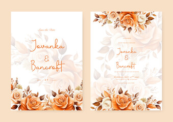 Orange and peach rose set of wedding invitation template with shapes and flower floral border