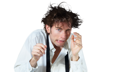 Portrait, mental health and crazy business man, stress or frustrated isolated on a transparent png background. Face, professional and person with depression, anxiety and financial crisis or disaster