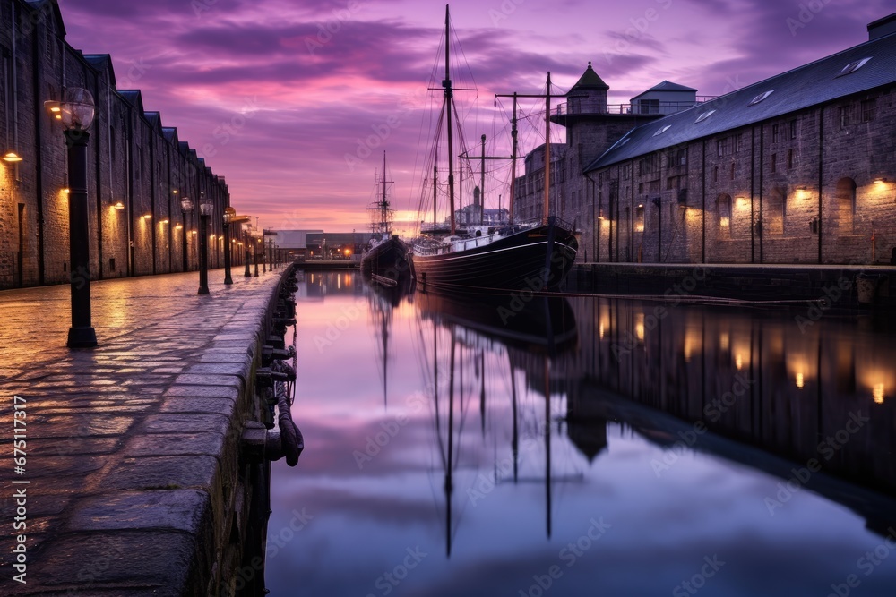 Sticker Dramatic sunset over the marina in the old town of Edinburgh, Scotland, Old Leiths Docks at Twilight. Edinburgh, Scotland, AI Generated