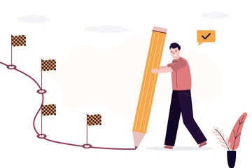 Confident businessman uses pencil to draw workflow line with achievement flag milestones. Tasks complete. Workflow, working process, project progress, achievement tracking