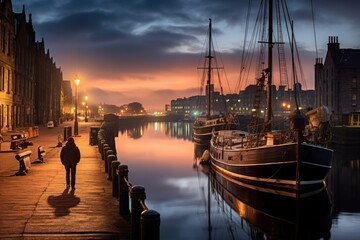 Old harbor of Gdansk at night, Poland. Long exposure, Old Leiths Docks at Twilight. Edinburgh,...