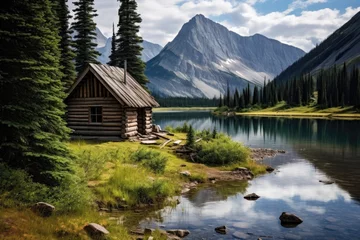 Foto op Canvas Mountain lake and wooden hut in Jasper National Park, Alberta, Canada, On the banks of the Wall Lake, rear view, Alberta, Canada, AI Generated © Iftikhar alam