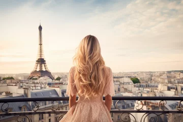Acrylic prints Eiffel tower Beautiful blonde girl with Eiffel tower in Paris, France, Once in Paris. Back slim chic woman with long blond hair in dress on roof against Eiffel tower, AI Generated