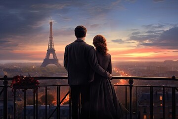 Couple looking at Eiffel Tower at sunset, Paris, France, Once in Paris. couple rear view on the roof against the Eiffel Tower, AI Generated - obrazy, fototapety, plakaty