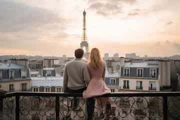 Foto auf Acrylglas Romantic couple in Paris looking at Eiffel tower at sunset, Once in Paris. couple rear view on the roof against the Eiffel Tower, AI Generated © Iftikhar alam