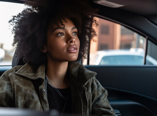 A young African American businesswoman is in the backseat of a car while looking out the window.