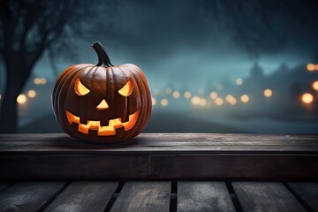 Fototapeta premium Halloween pumpkin on wooden table with foggy background. 3D Rendering, One spooky halloween pumpkin, Jack O Lantern, with an evil face and eyes on a wooden bench, AI Generated