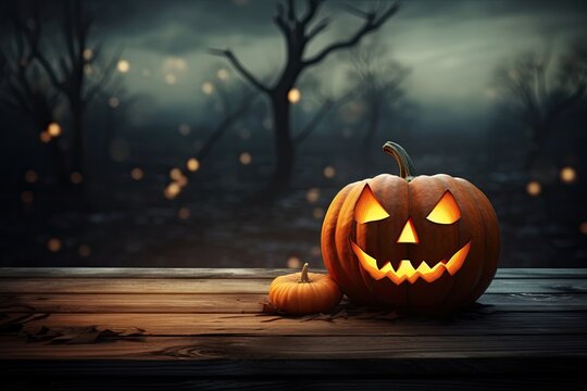 Halloween pumpkin on a wooden table in the dark forest. 3d render, One spooky halloween pumpkin, Jack O Lantern, with an evil face and eyes on a wooden bench, table with a misty, AI Generated