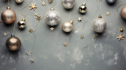 Stylish Christmas Ornaments Flat Lay with an Overhead View - Staged Against a Weathered Gray and...
