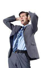 Depression, stress and shouting business man with anxiety on isolated, transparent or png background. Angry, scream and frustrated entrepreneur with fail, mistake or mental health, crisis and trauma