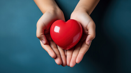 Hands holding red heart. Love, health care, organ donation, wellbeing, mindfulness, family insurance, and CSR. World heart day, World metal health day, World health day Concept. Generative Ai.