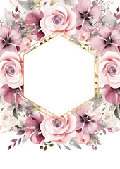 Pink and white watercolor hand painted background template for Invitation with flora and flower