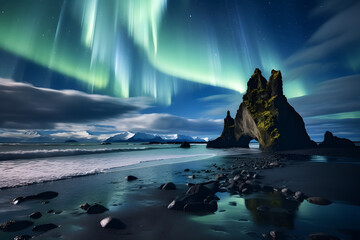 Aurora in black sand beach scene