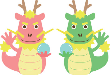 2024年賀状素材　ポップな龍のイラスト02　2匹　ピンクと緑の龍