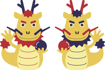 2024年賀状素材　ポップな龍のイラスト03　2匹　金赤紺の龍