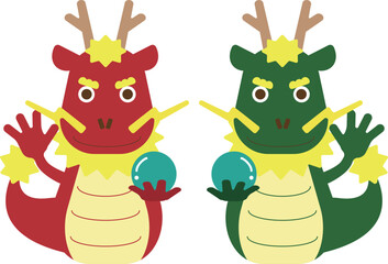 2024年賀状素材　ポップな龍のイラスト01　2匹　緑と赤の龍