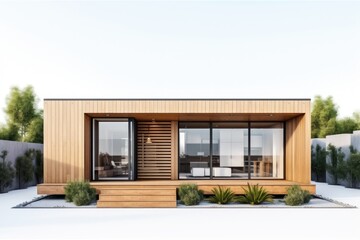 modern architecture of tiny container wooden house isolated