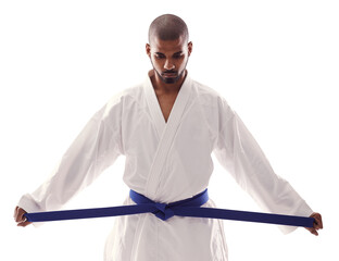 Serious, tie and karate belt for fight, martial art and sport training with thinking and...
