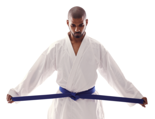 Serious, tie and karate belt for fight, martial art and sport training with thinking and discipline. Exercise, fitness and workout and fighter with athlete isolated on a transparent, png background