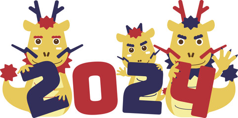 2024年賀状素材　ポップな龍のイラスト18　3匹　3人家族　年号と金赤紺の龍