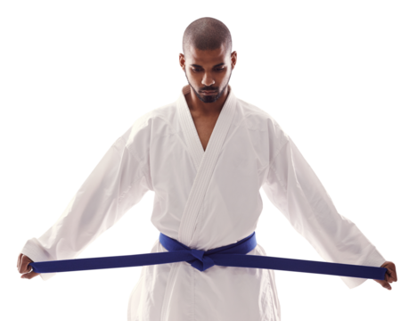 Serious, tie and karate belt for fight, martial art and sport training with thinking and discipline. Exercise, fitness and workout and fighter with athlete isolated on a transparent, png background - Powered by Adobe