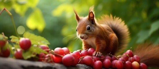 In the summer amidst the vibrant green background of nature a cute squirrel with its fluffy tail and adorable whiskers nibbles on a delicious red fruit capturing a moment of gourmet delight