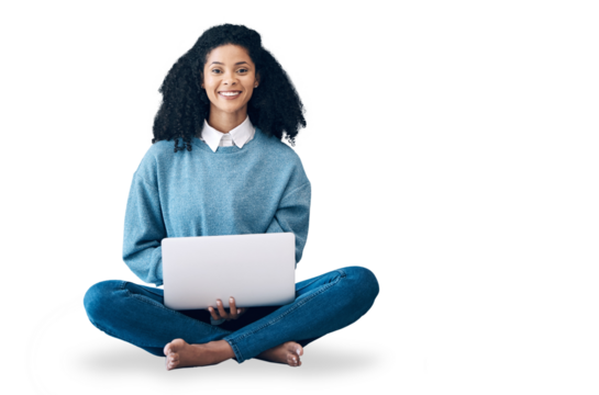 Portrait, laptop and a black woman student isolated on a transparent background to study for university. Computer, learning and education with a happy young pupil on PNG for scholarship or elearning