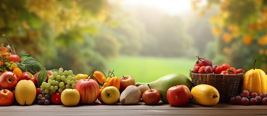 In the background of a serene autumn landscape surrounded by lush greenery stands a white table adorned with a vibrant display of healthy food choices an assortment of orange fruits such as 