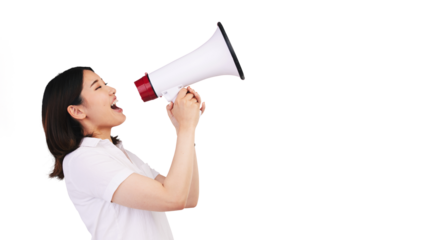 Megaphone announcement, scream or profile woman protest for democracy vote, justice or human rights rally. Asian person, speech and loud on isolated or transparent png background for communication